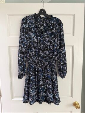 Aqua Black Floral Long-Sleeve Smocked Waist Dress